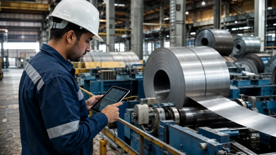 Egyptian engineer reviewing carbon data in a metals manufacturing plant