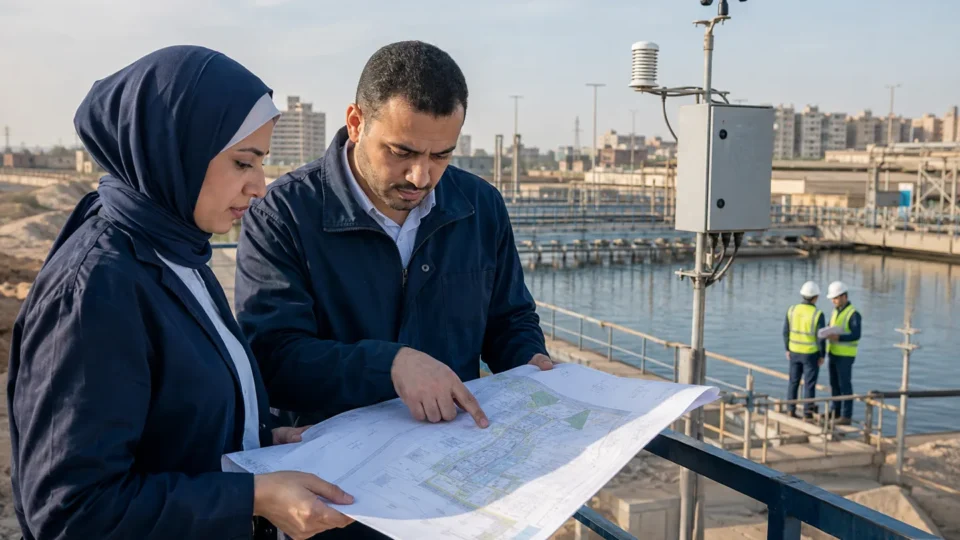 Egyptian engineers reviewing an impact assessment at an infrastructure site
