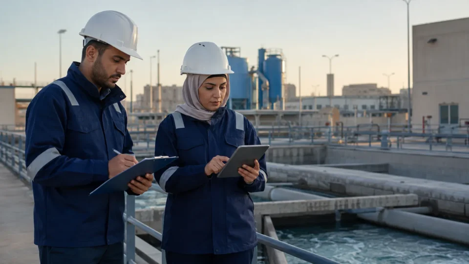 Egyptian environmental engineers conducting due diligence at an industrial water facility
