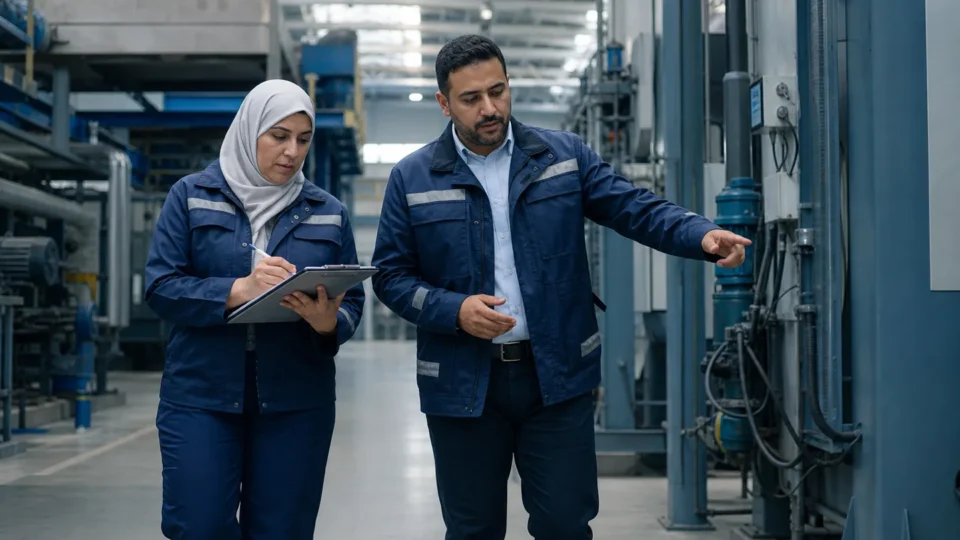 Egyptian engineering team verifying environmental management controls in a factory