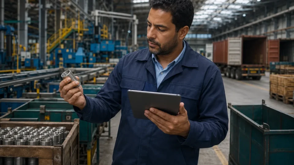 Specialist comparing product and facility carbon data in an Egyptian factory
