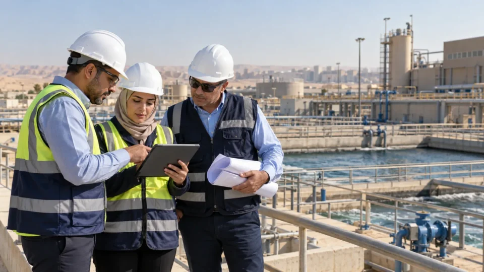 Illustrative Egyptian technical team reviewing environmental and social actions at an infrastructure facility
