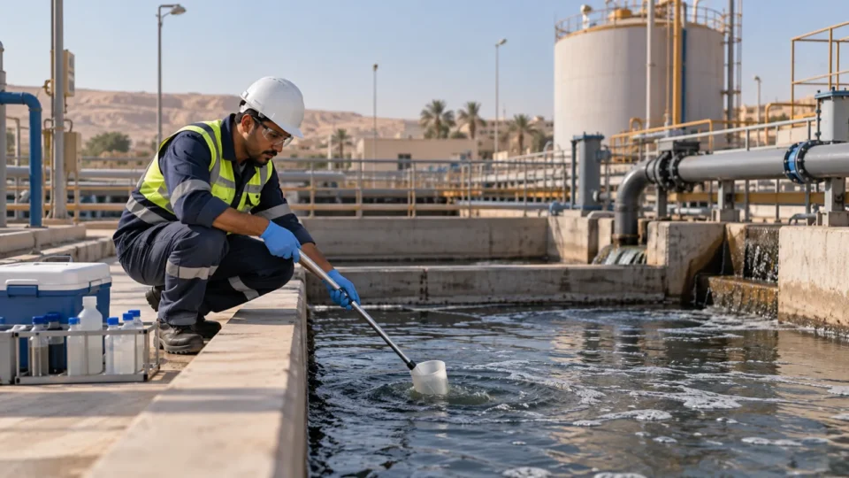 Environmental engineer taking an illustrative wastewater sample at an Egyptian industrial treatment facility